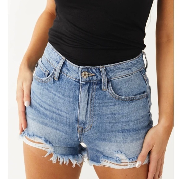 Kancan Medium Wash High Rise Distressed Hem Shorts - Picture 1 of 9